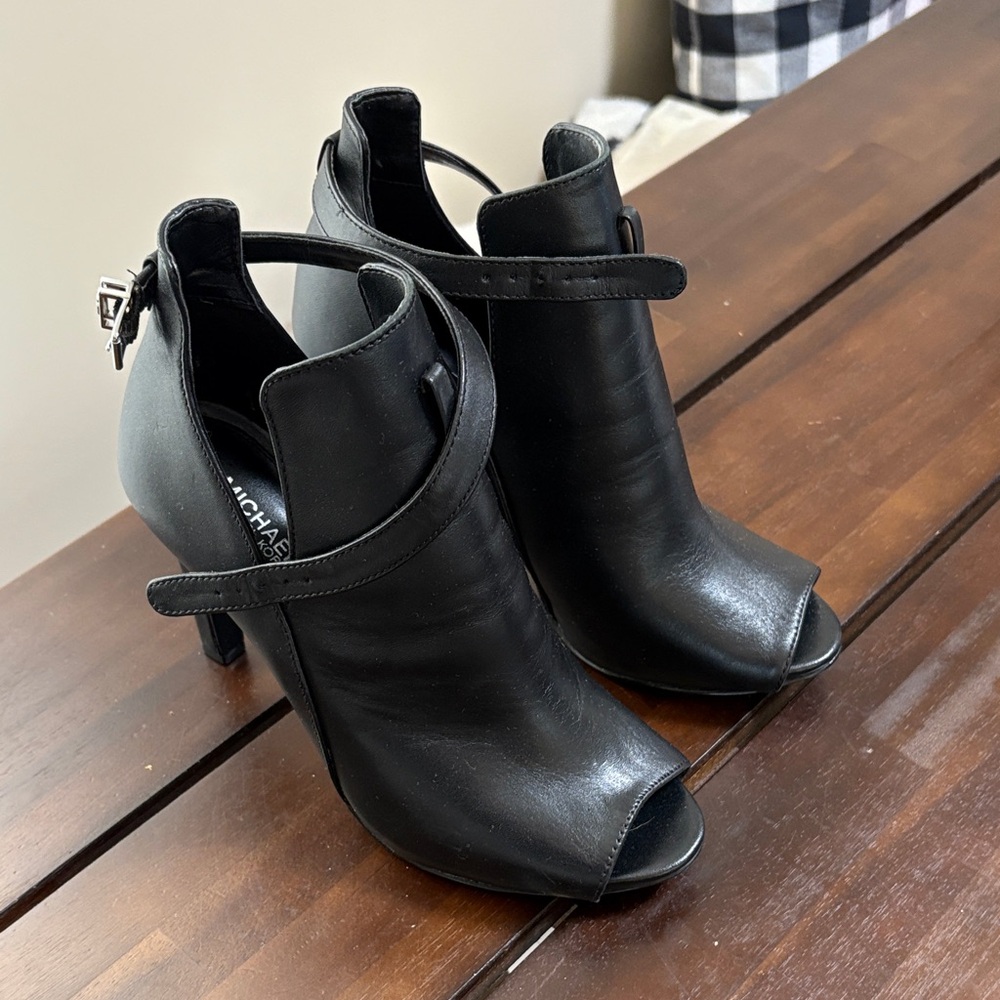 Michael Kors Black Leather Peep-Toe Heeled Boots